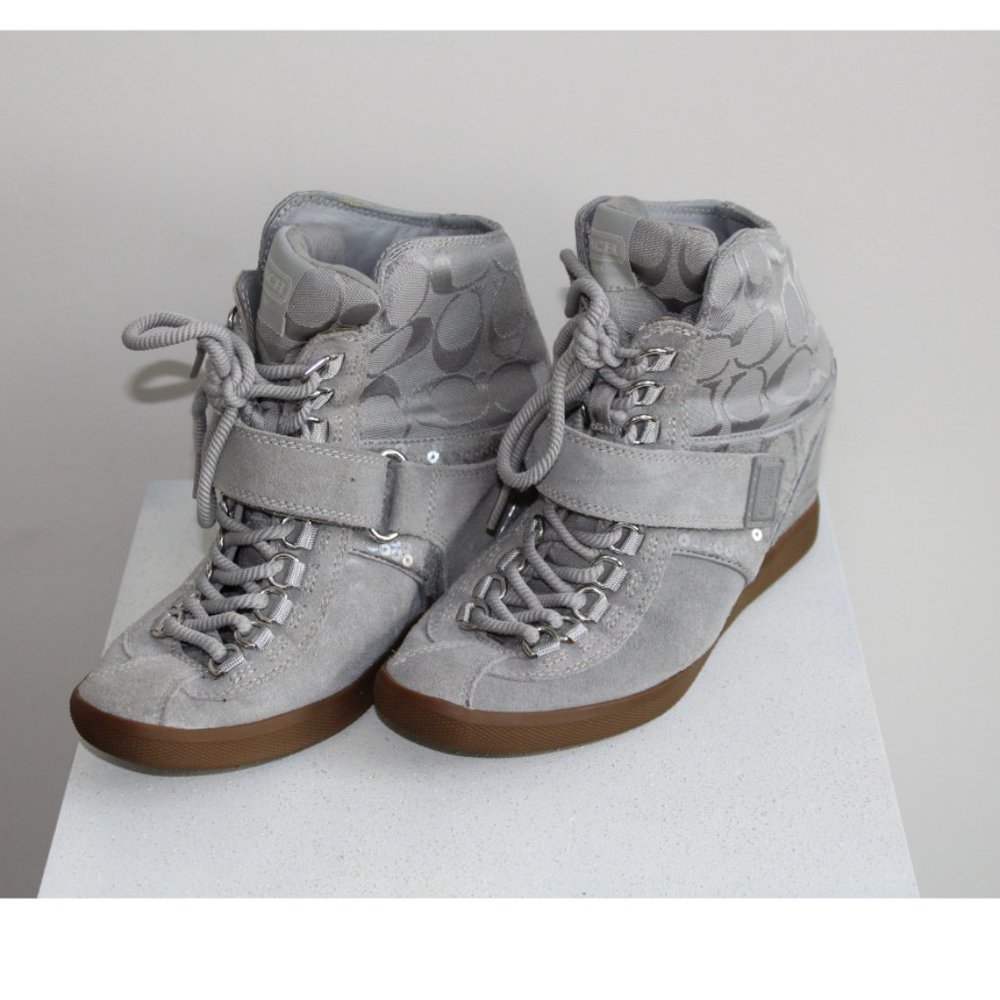 COACH, Silver Monogram, Asli Wedge Sneakers, Size 7.5
